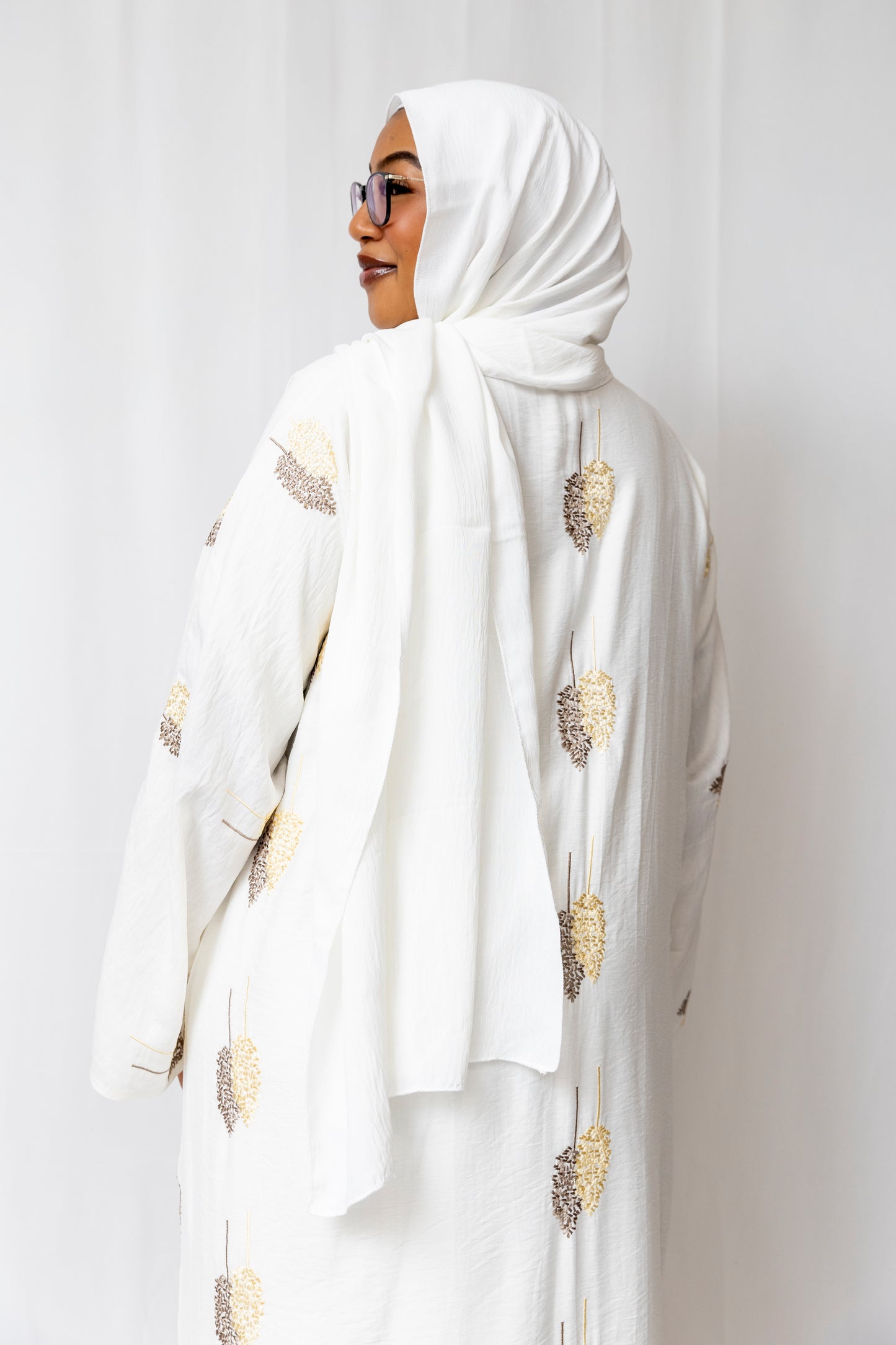 Golden Embroidered White Abaya - 3 Piece set