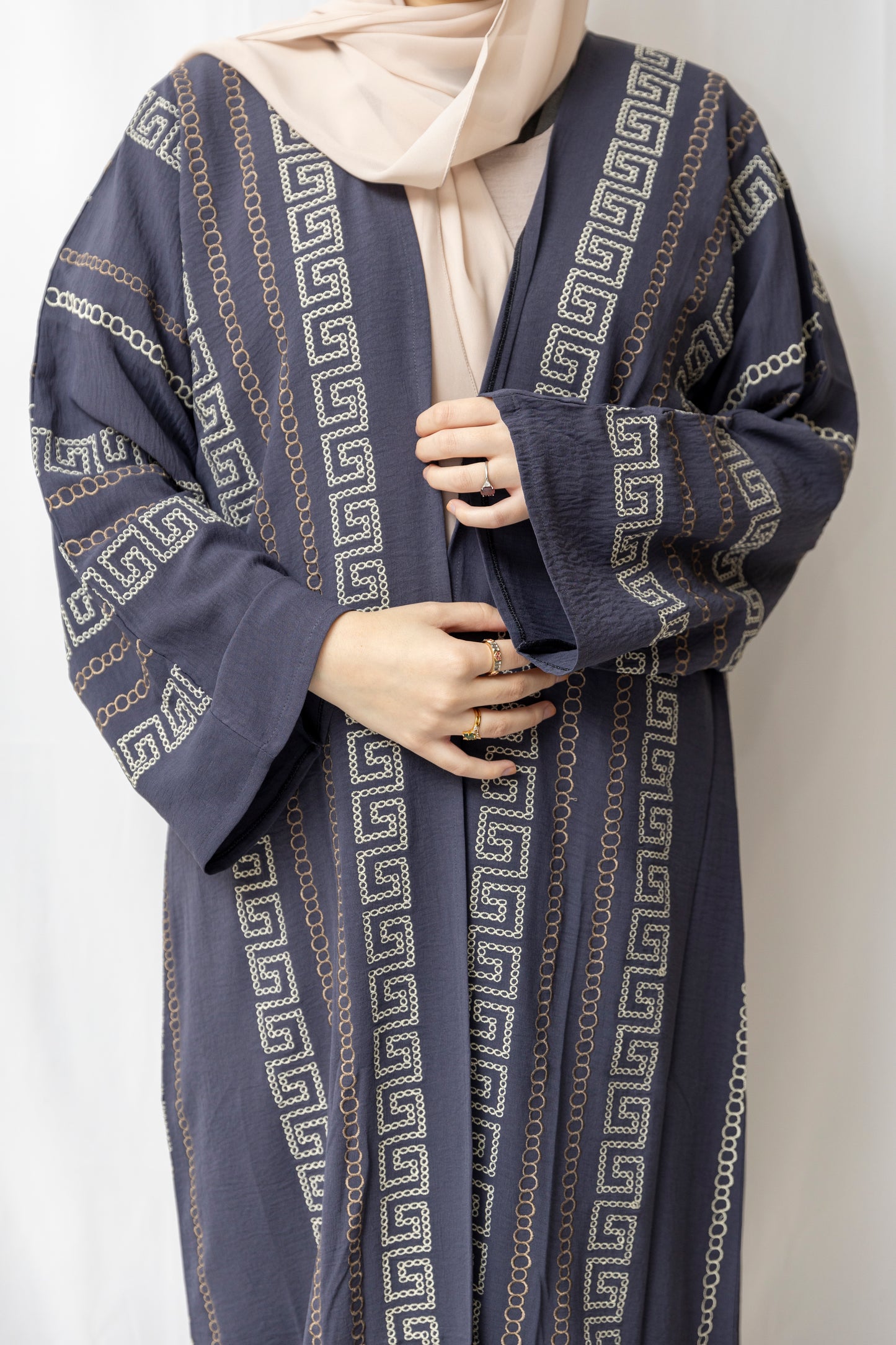 Square Embroided Grey Abaya - 3 Piece Set