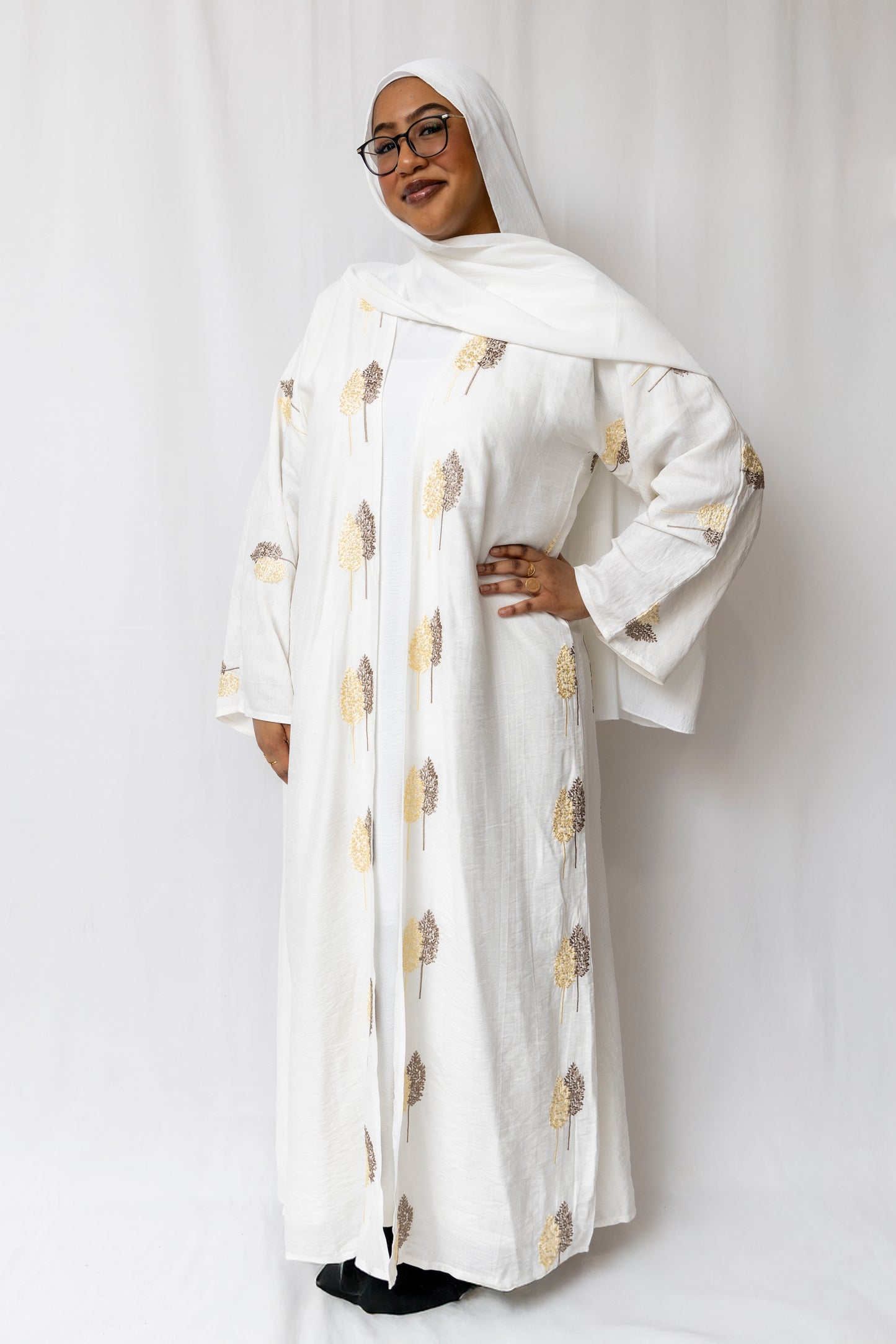 Golden Embroidered White Abaya - 3 Piece set