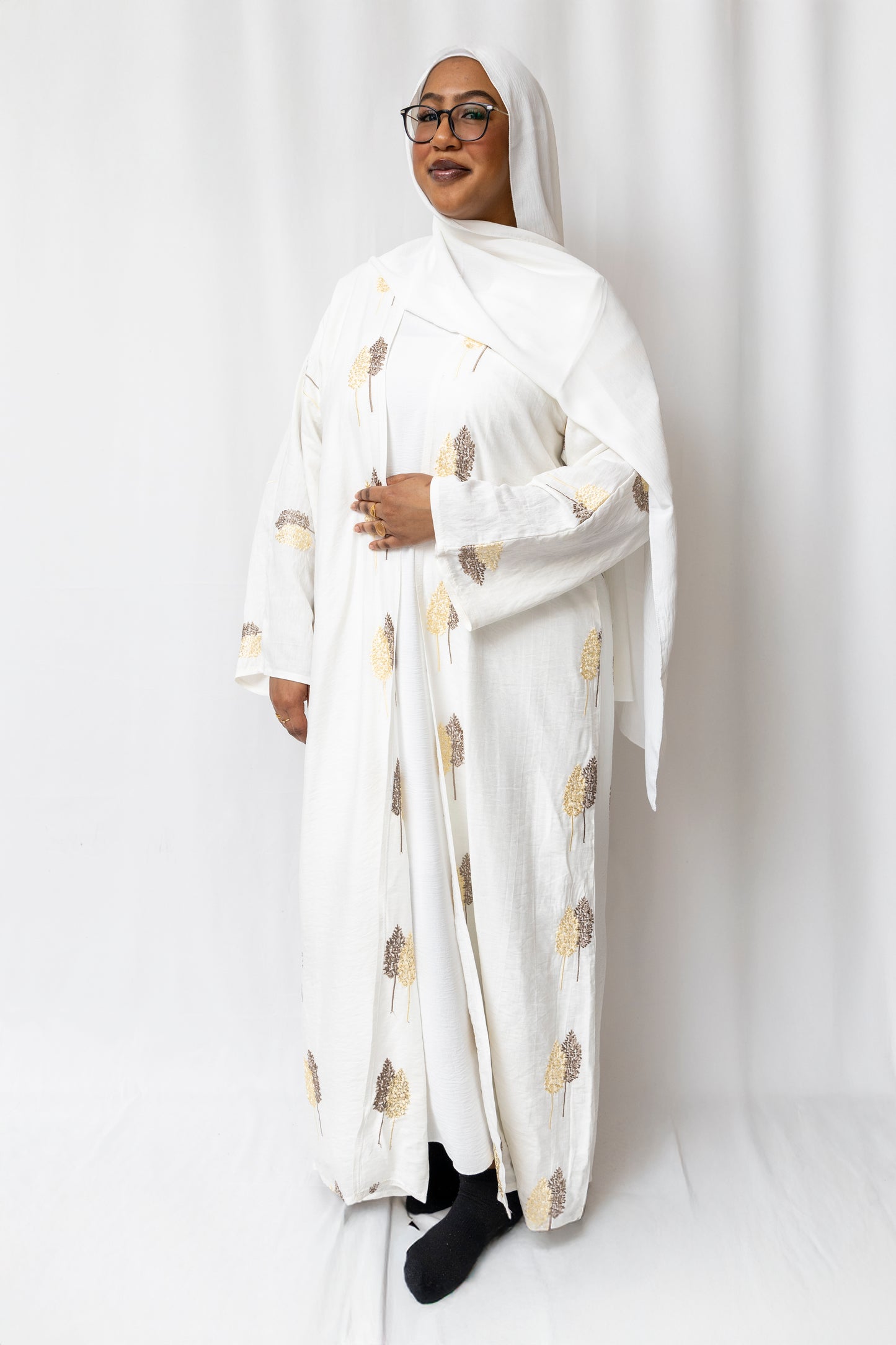 Golden Embroidered White Abaya - 3 Piece set