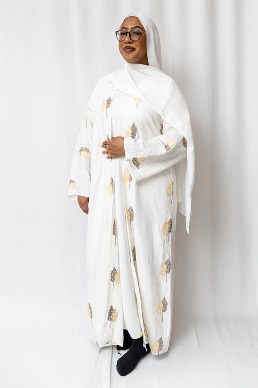 Golden Embroidered White Abaya - 3 Piece set