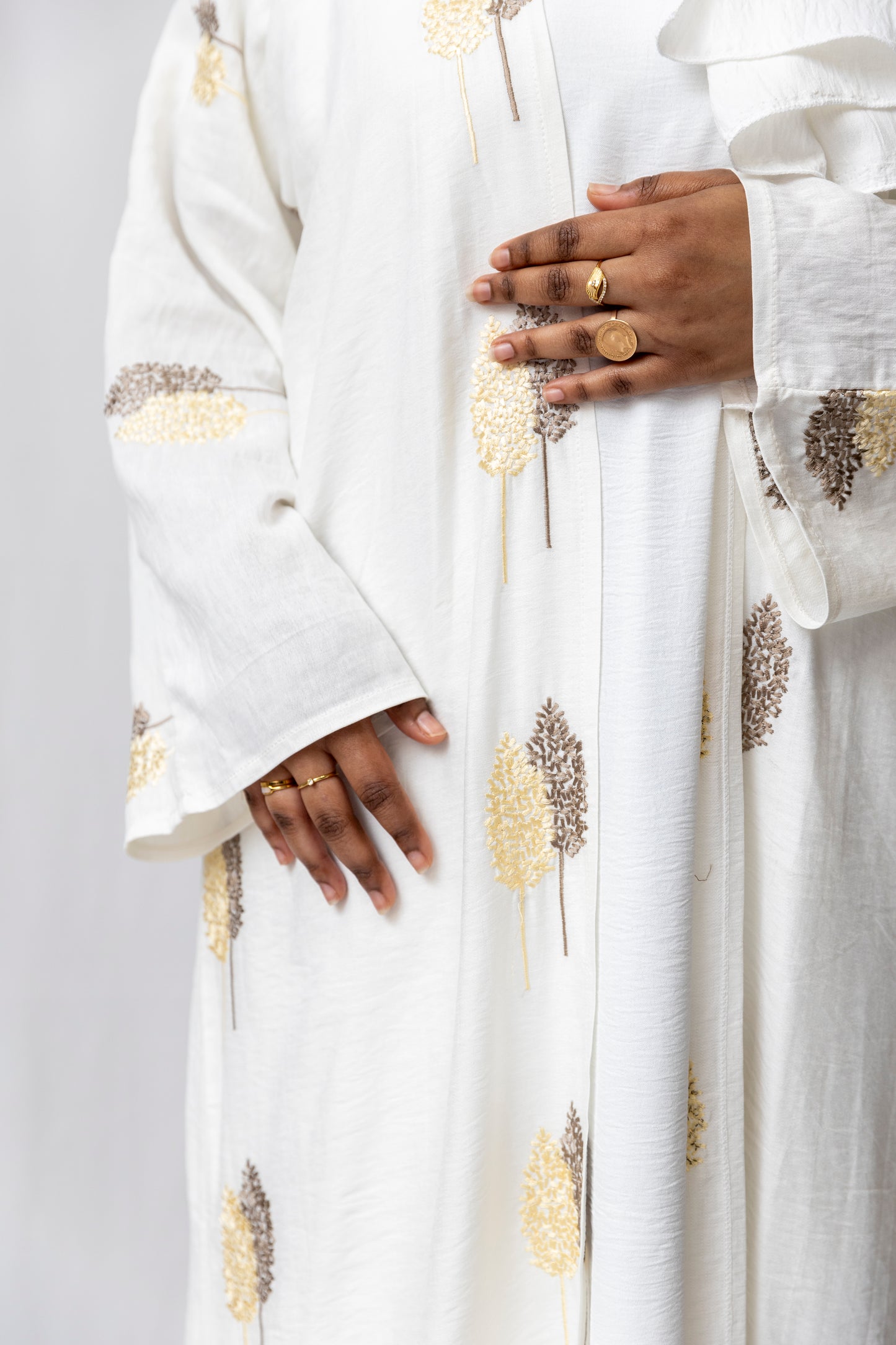 Golden Embroidered White Abaya - 3 Piece set