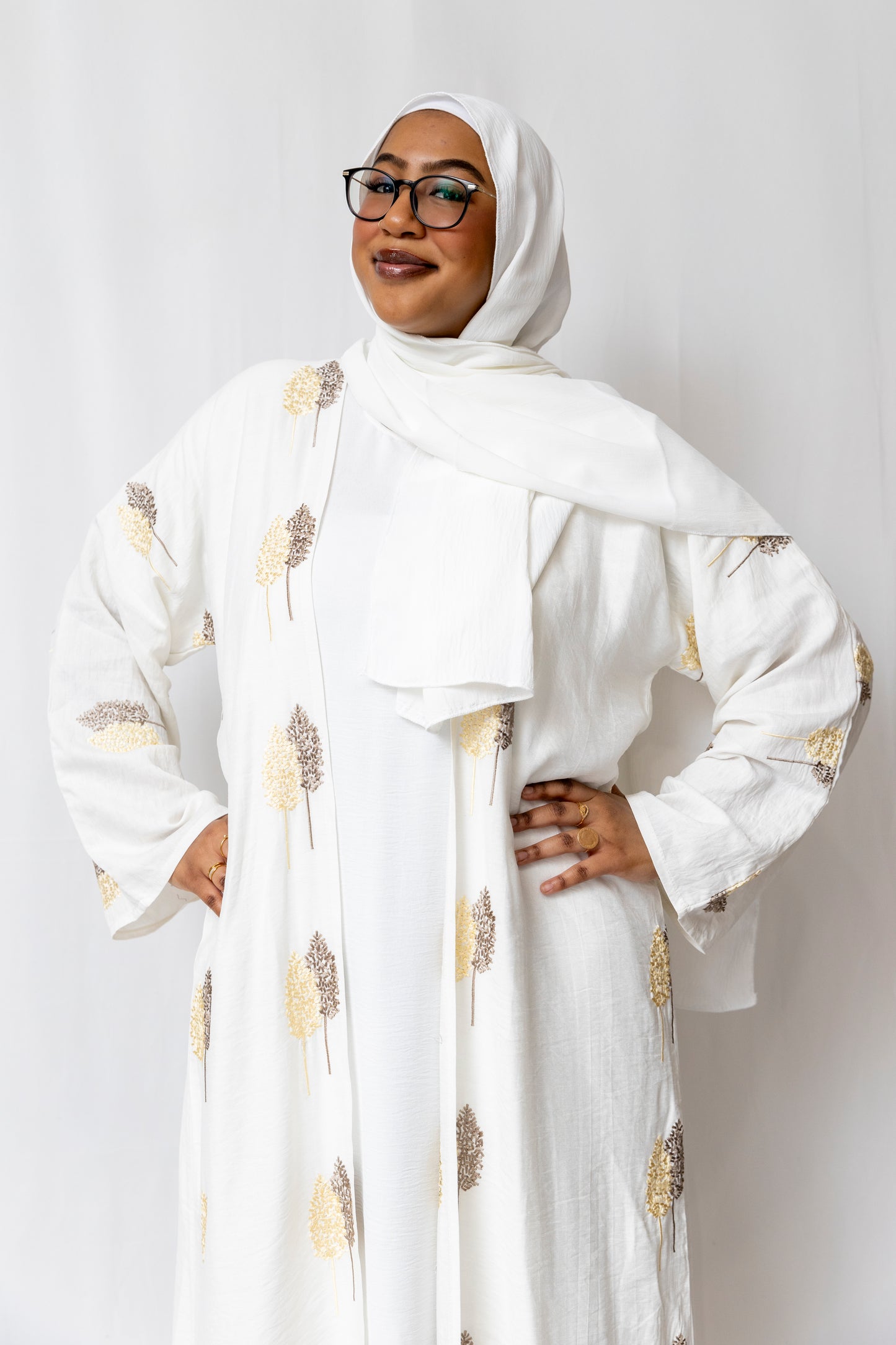 Golden Embroidered White Abaya - 3 Piece set