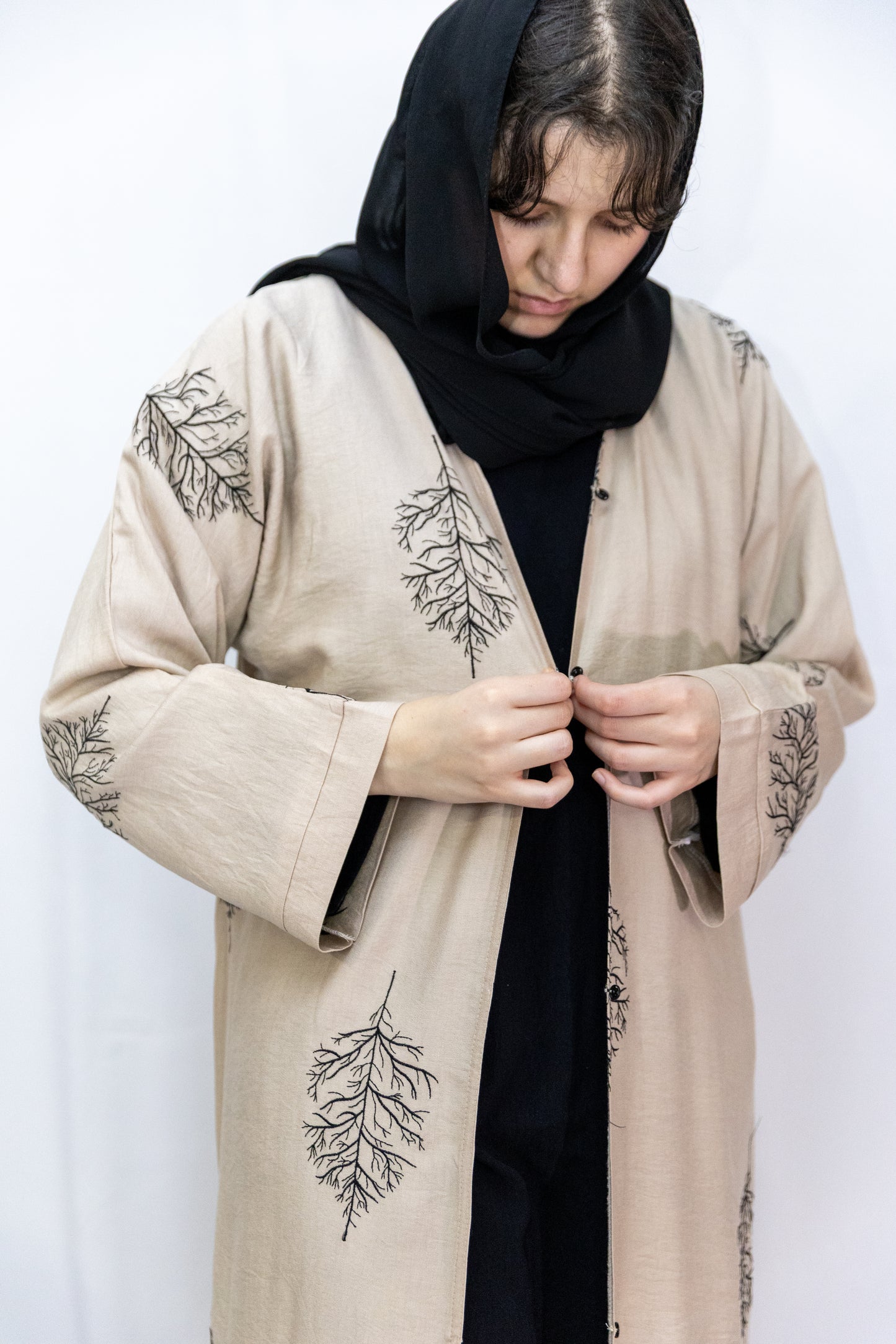 Arz tree embroidered Abaya - Beige