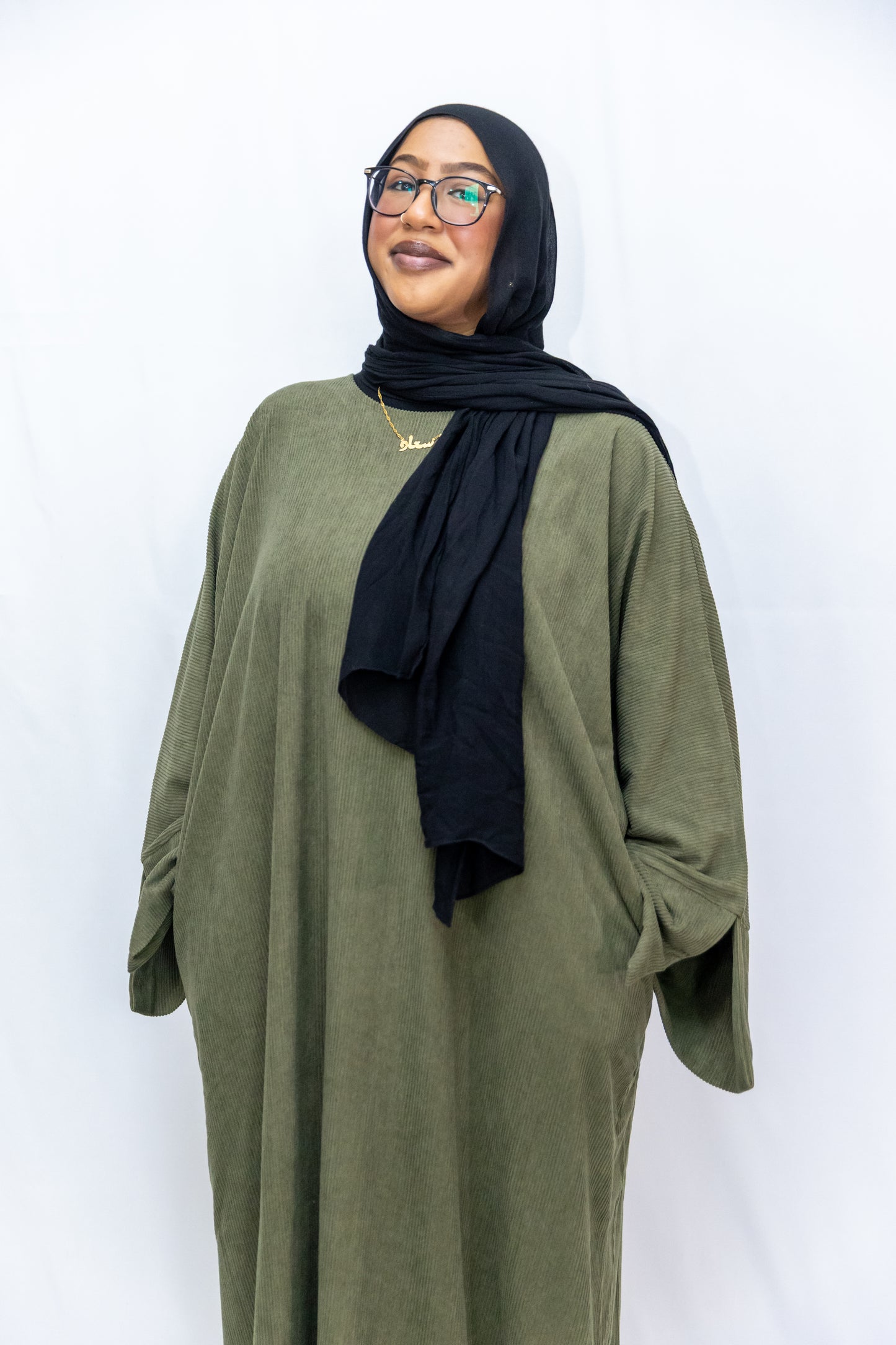 Closed Corduroy Abaya - Army Green