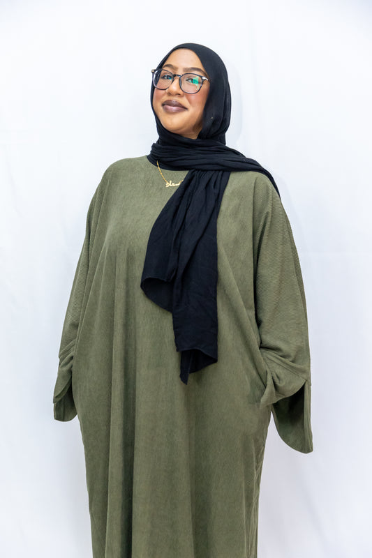 Closed Corduroy Abaya - Army Green