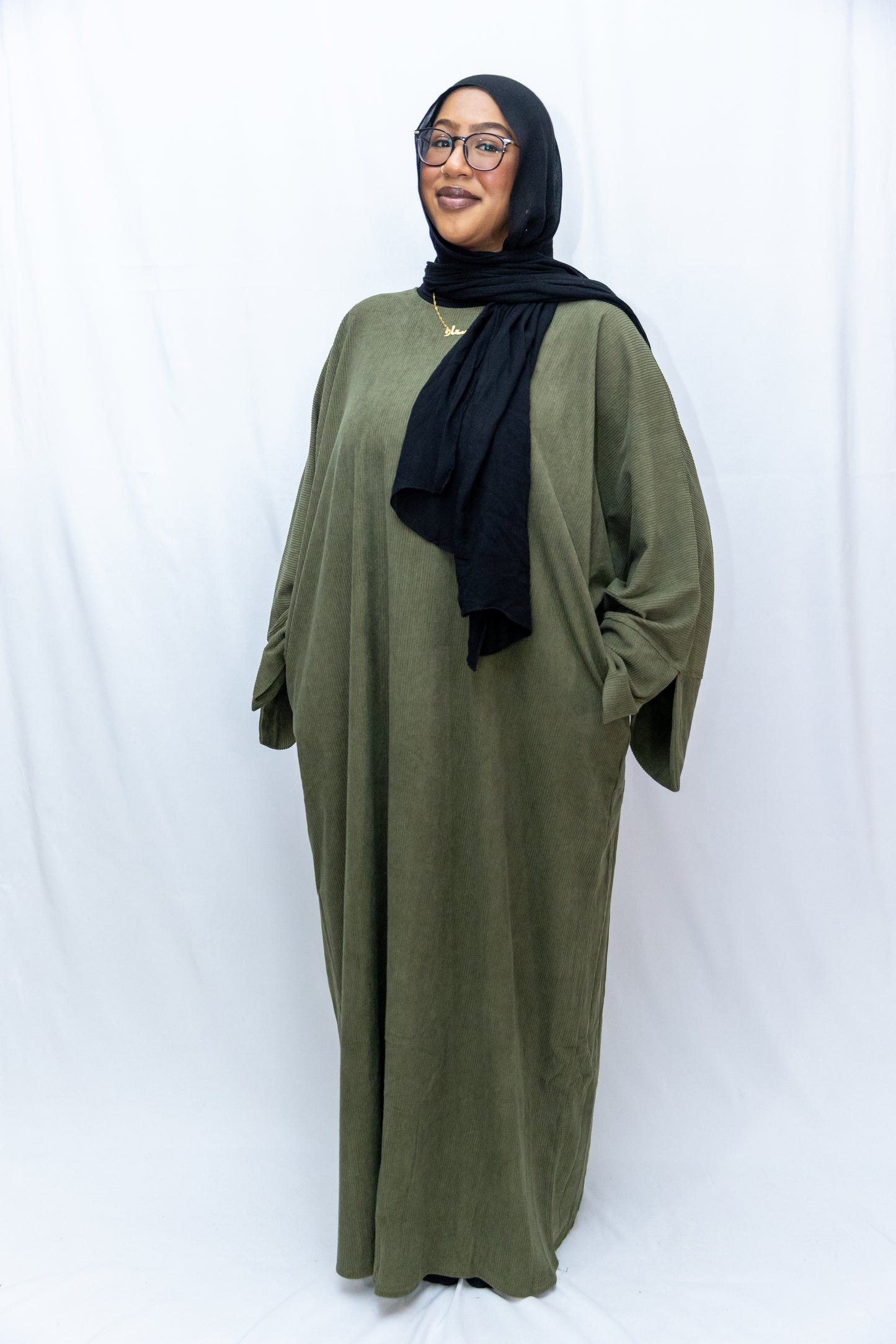 Closed Corduroy Abaya - Army Green
