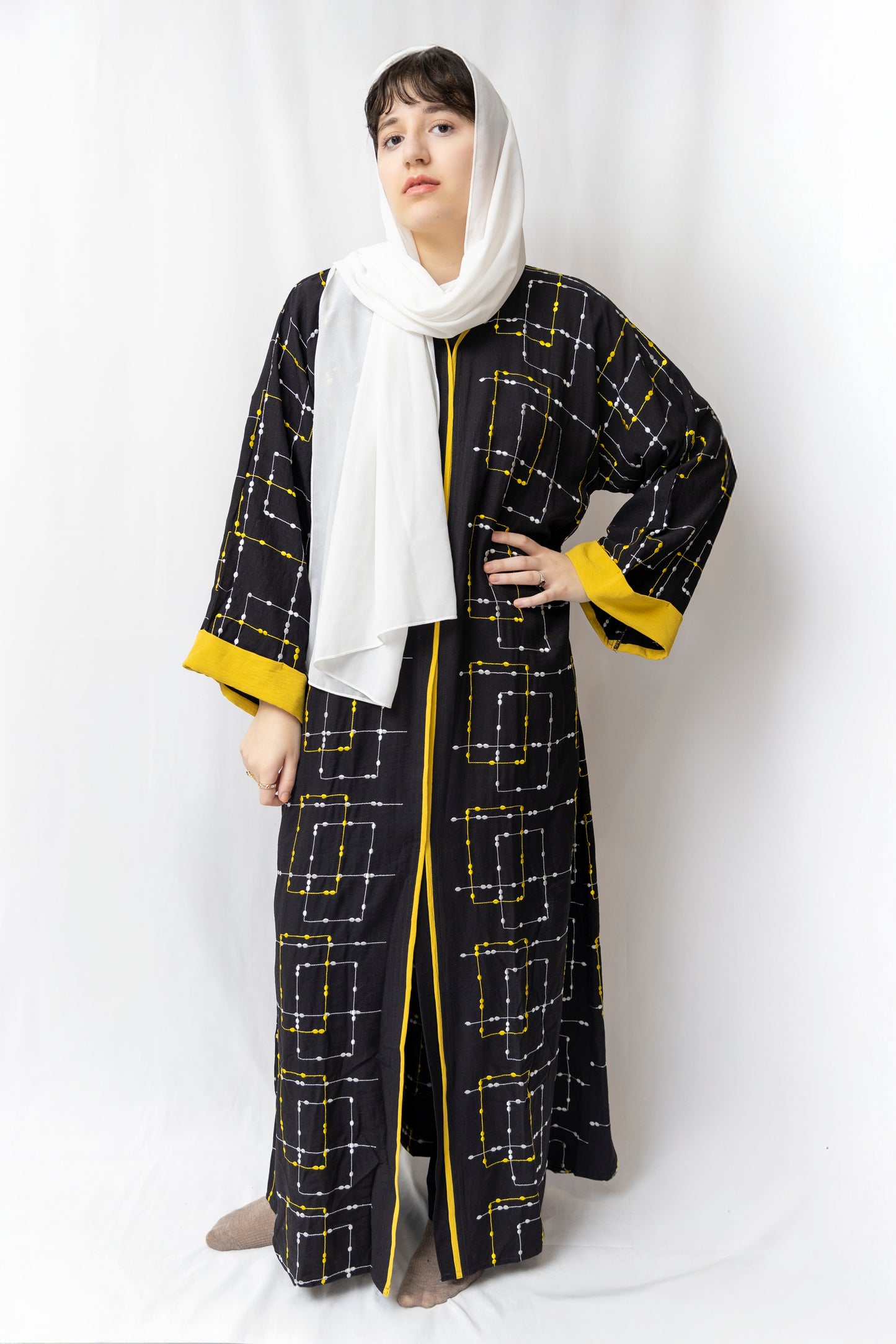 Embroidered Yellow Abaya - Black
