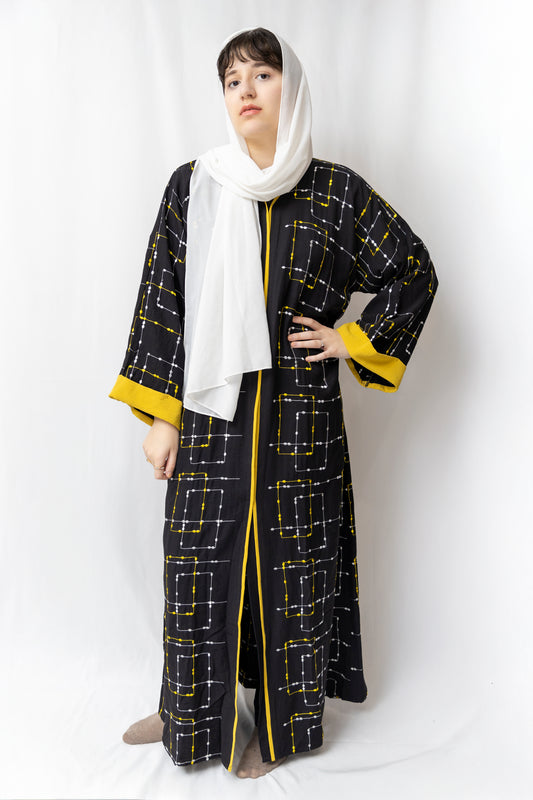 Embroidered Yellow Abaya - Black