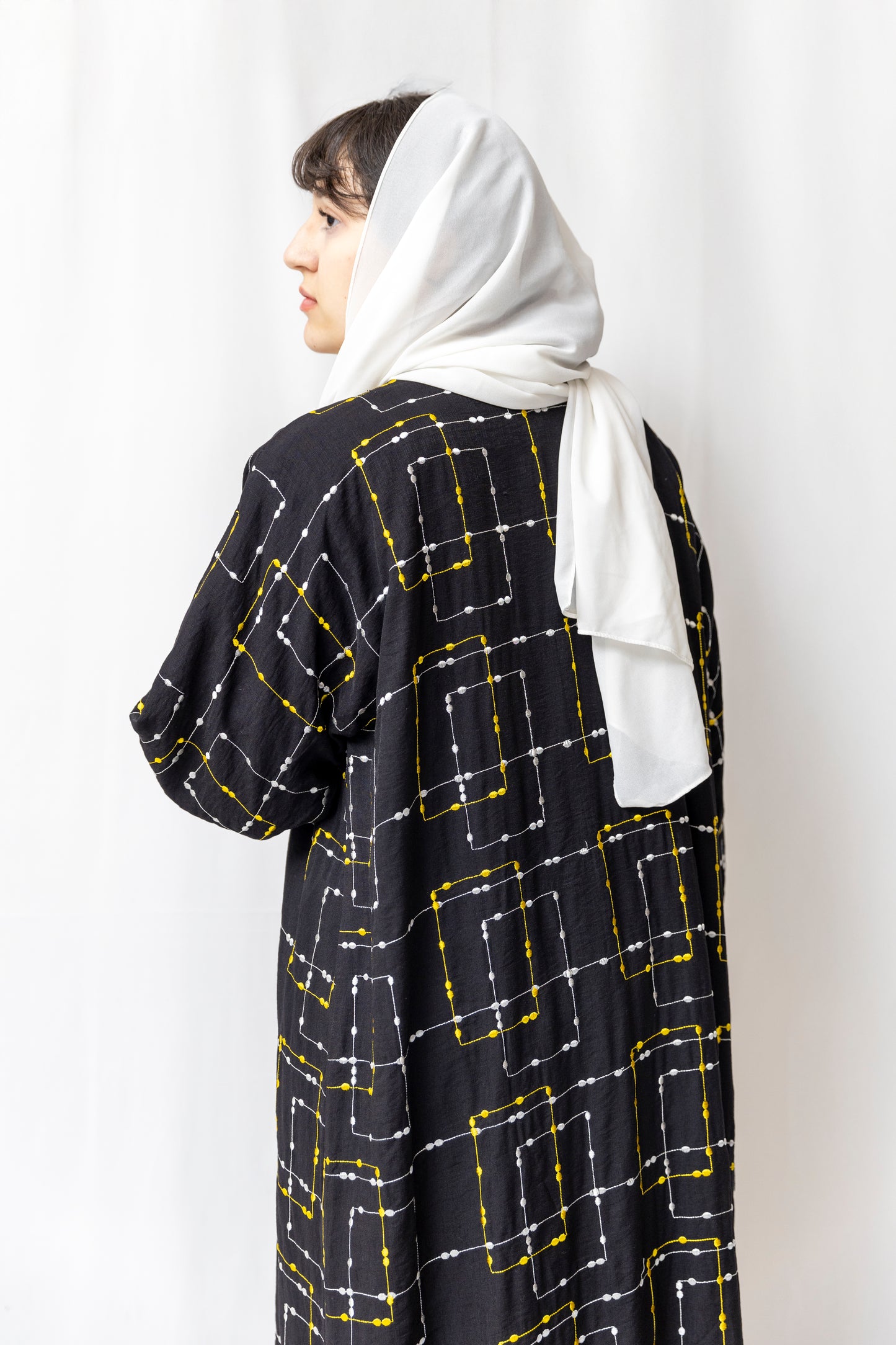 Embroidered Yellow Abaya - Black