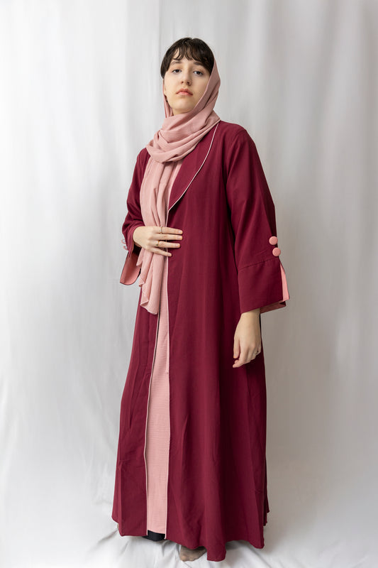 Pleated Collared Abaya - Red