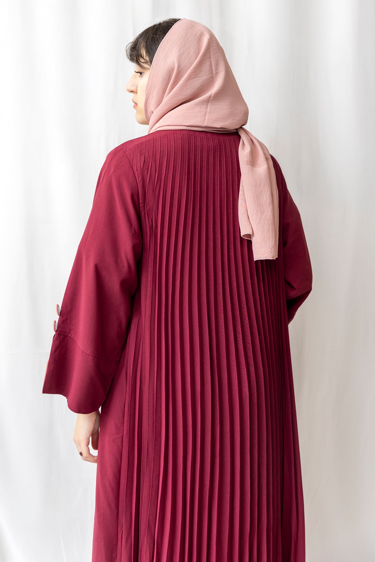 Pleated Collared Abaya - Red
