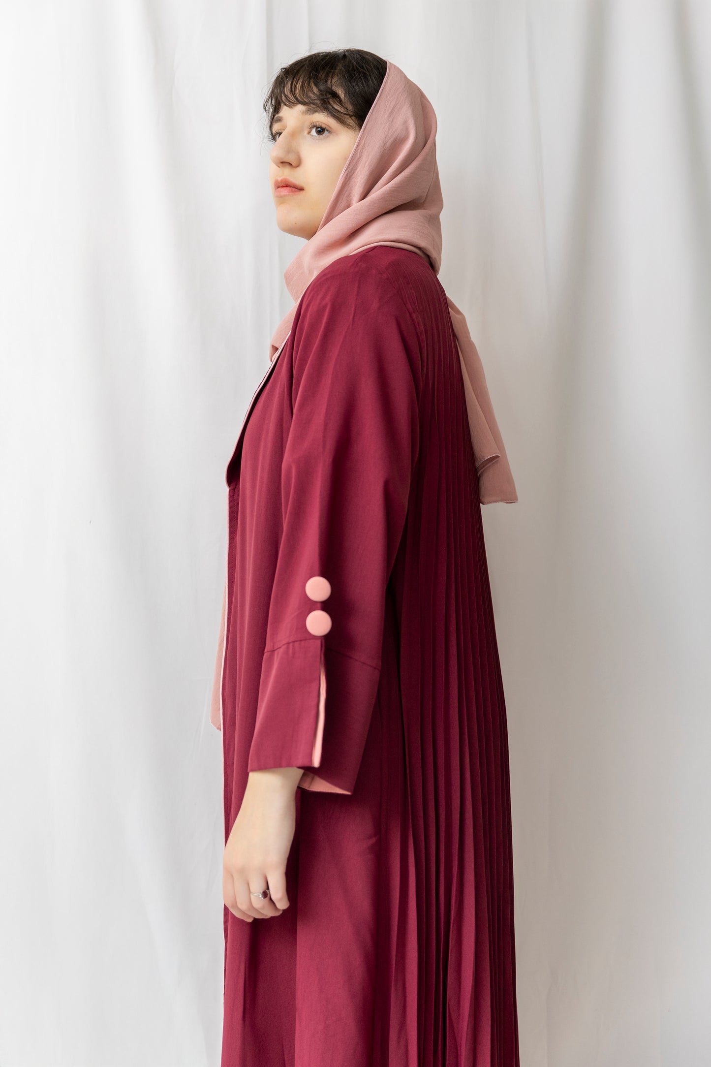 Pleated Collared Abaya - Red