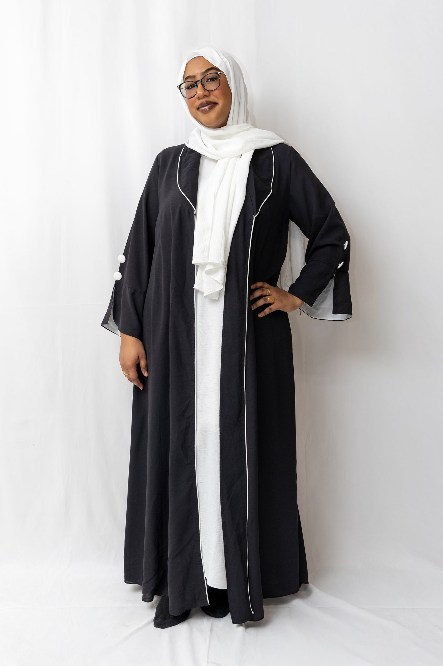 Pleated Collared Abaya - Black