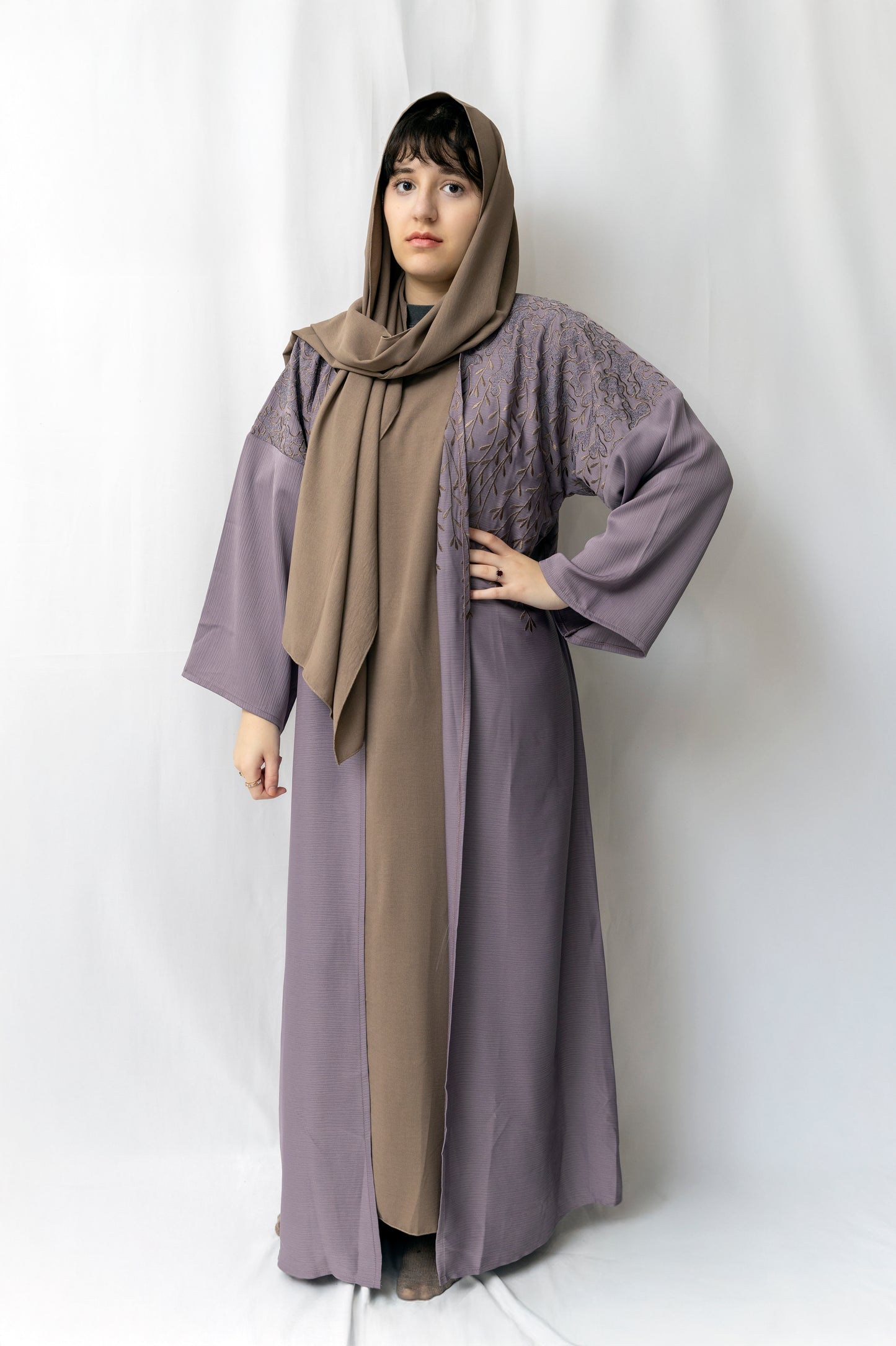 Embroided purple abaya 3 piece set