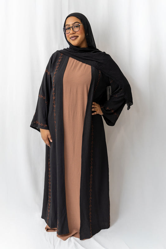 Embroidered Open Abaya - Black and Brown