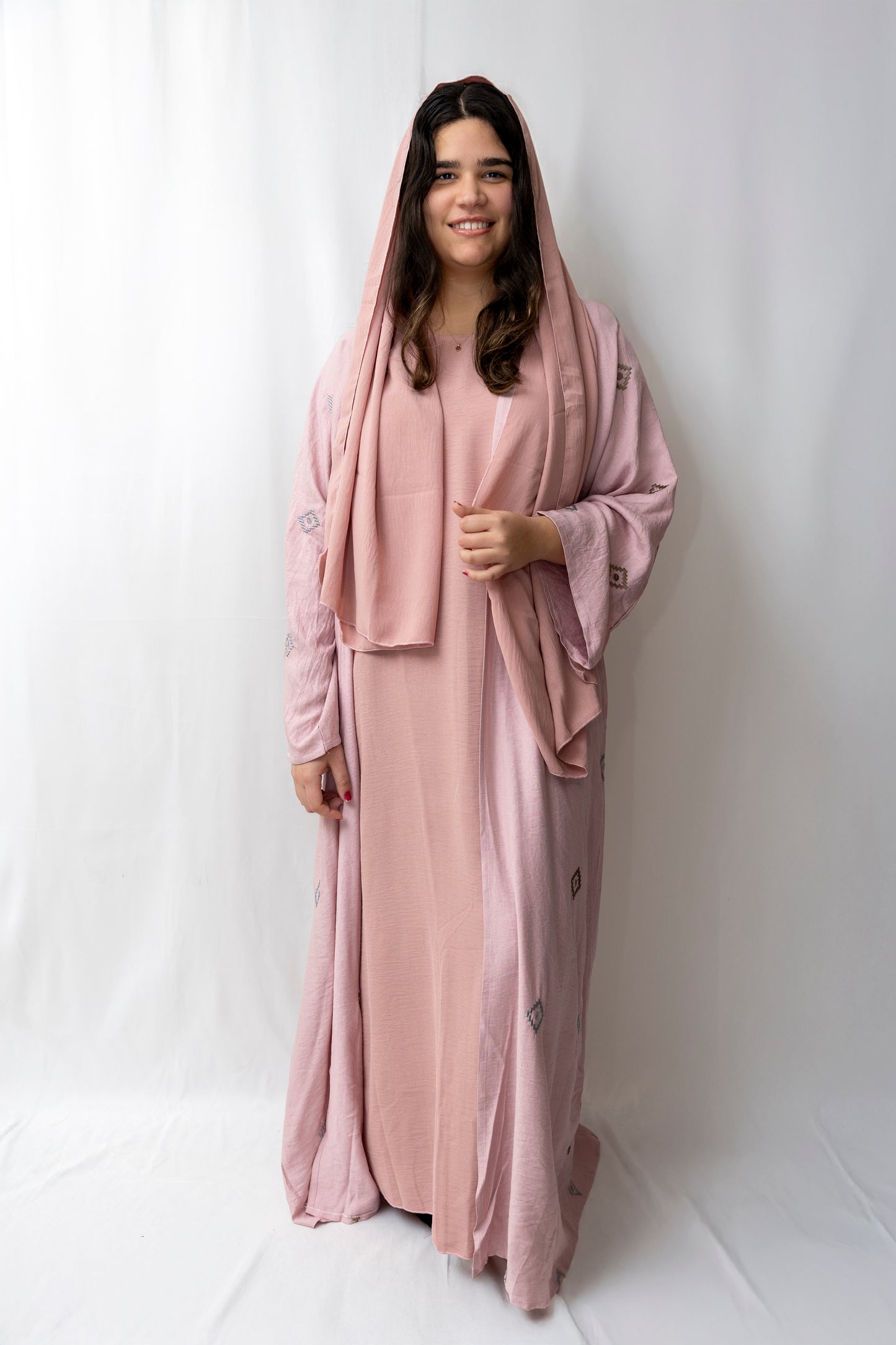 Embroidered Pink abaya - 3 piece set