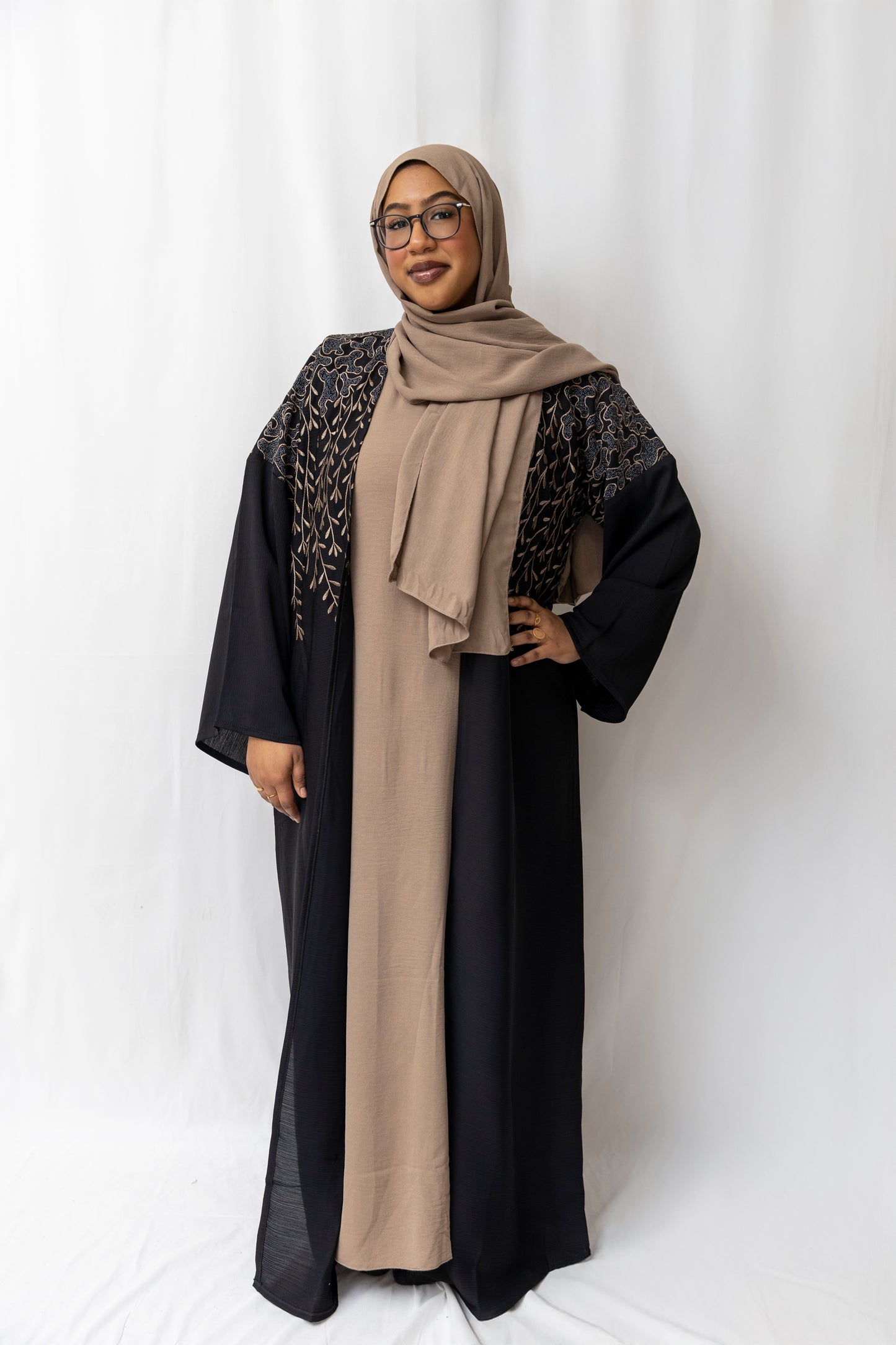 Embroided Black abaya - 3 piece set