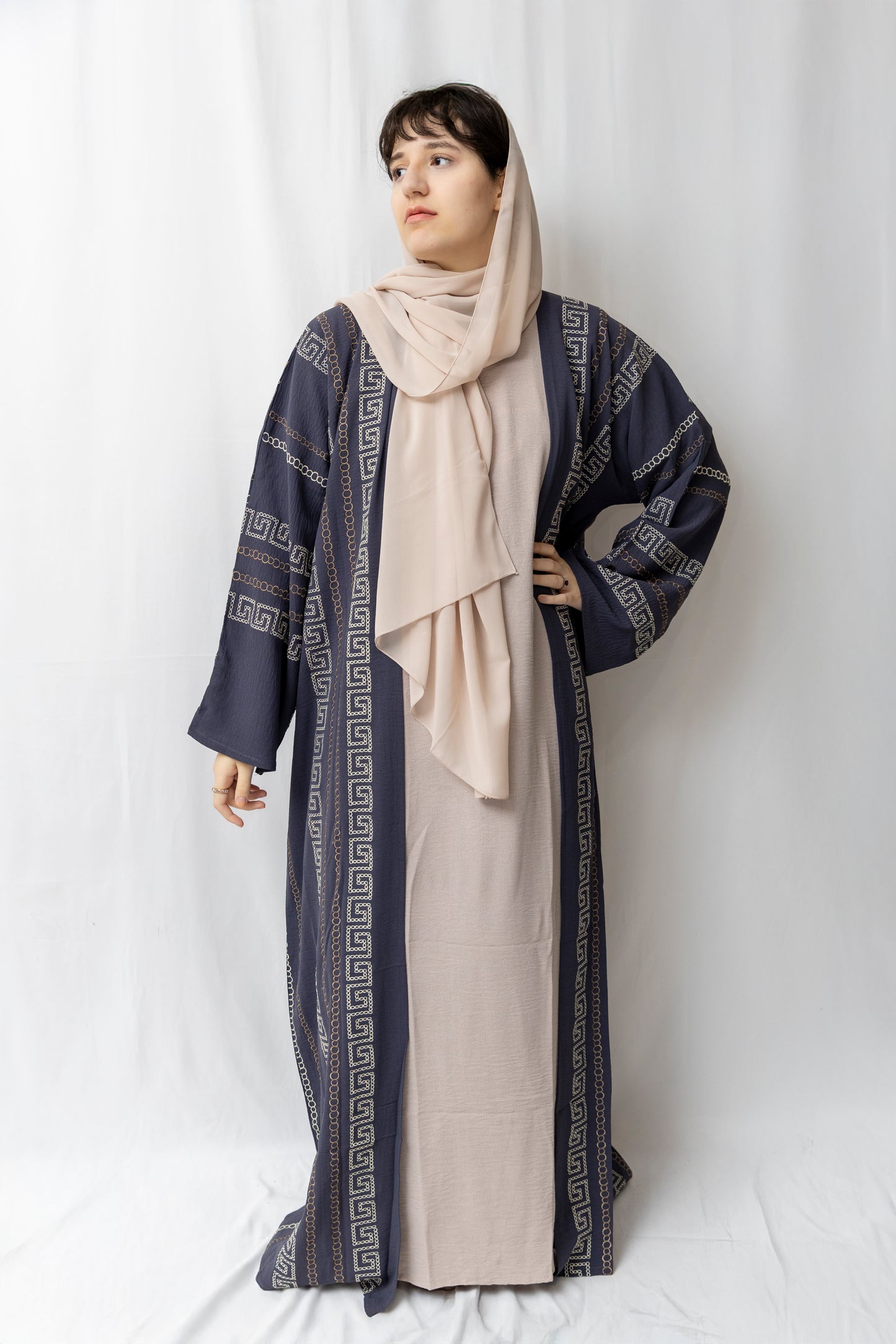 Square Embroided Grey Abaya - 3 Piece Set