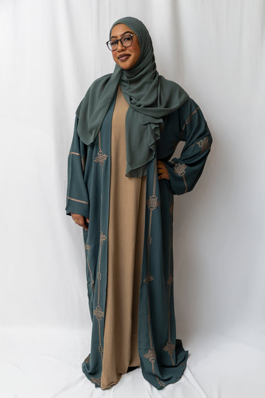 Embroidered Green abaya - 3 piece set