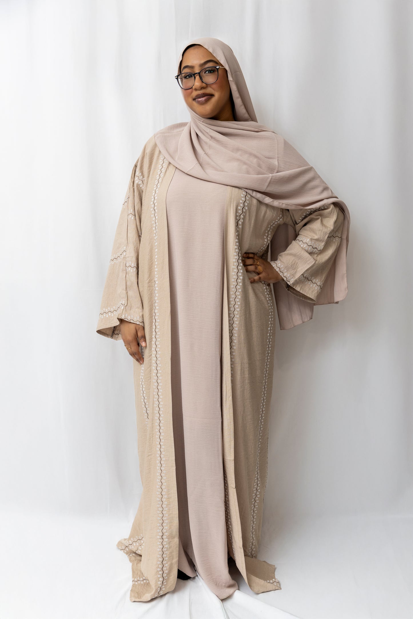 Embroidered Beige abaya - 3 Piece Set
