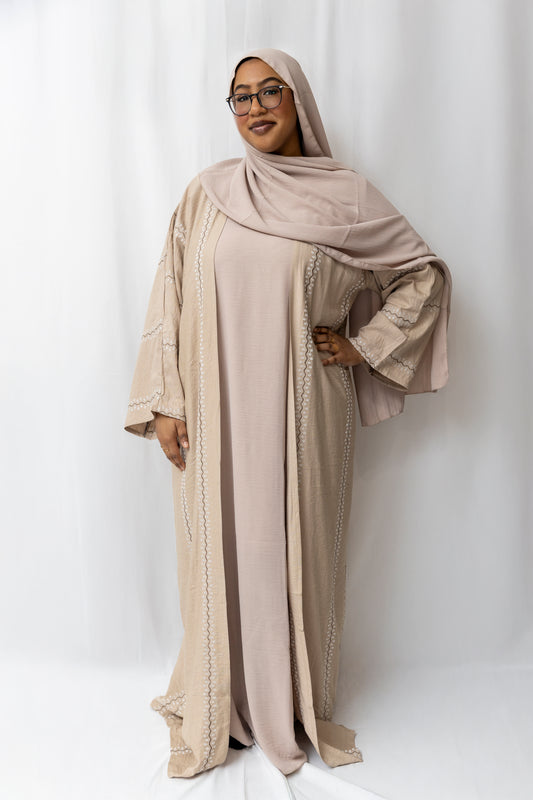 Embroidered Beige abaya - 3 Piece Set