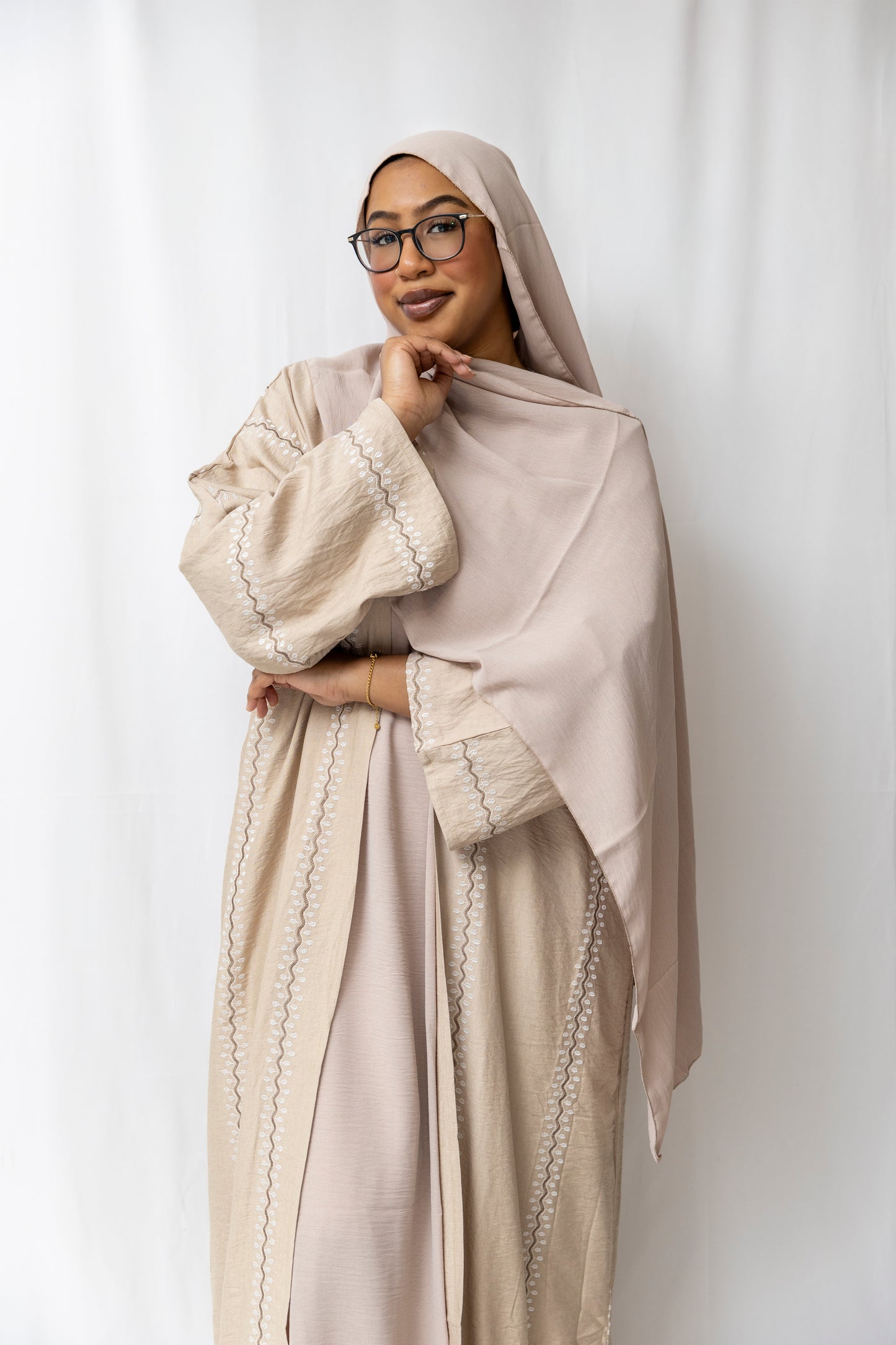 Embroidered Beige abaya - 3 Piece Set