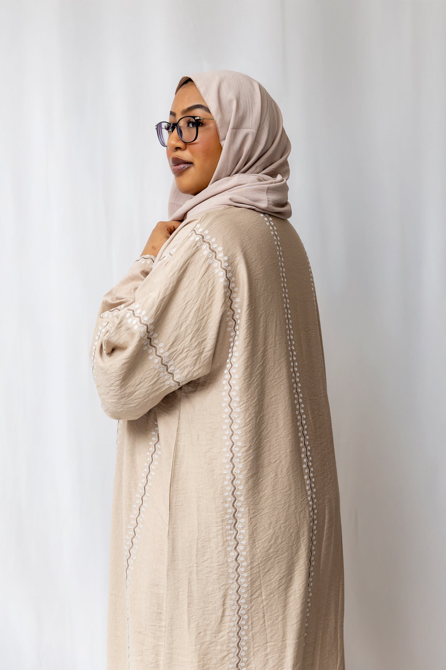 Embroidered Beige abaya - 3 Piece Set